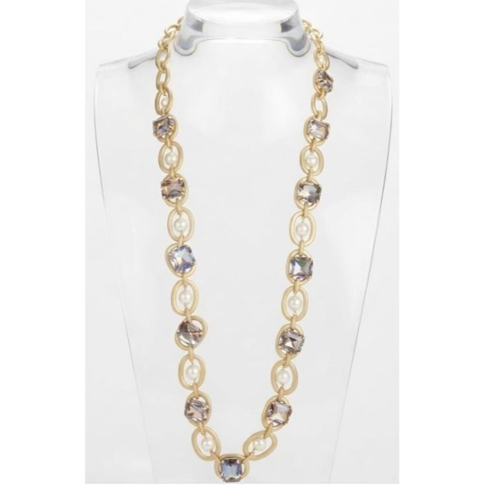 Lee Angel Neiman Marcus Gold Link Pearl Crystal Statement Necklace NWT 495